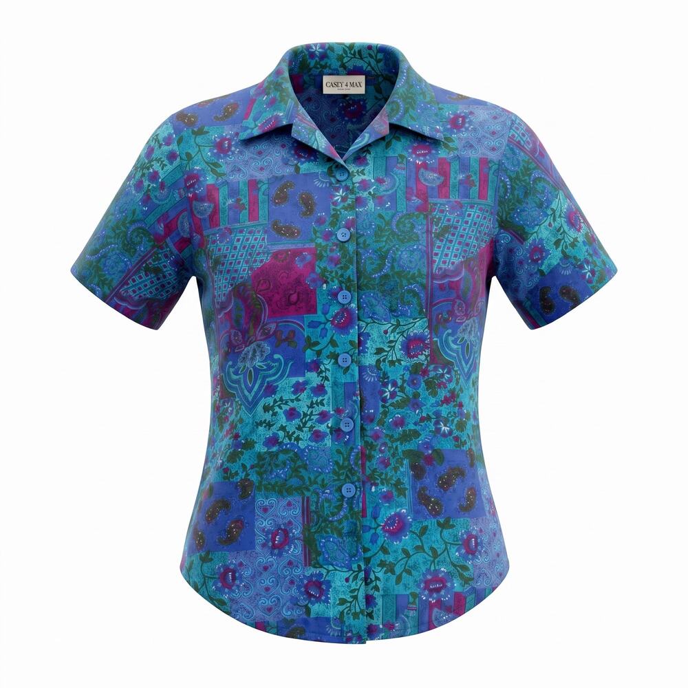 Vintage Casey & Max Rayon Blouse Womens Blue Teal Paisley Floral Made USA Large